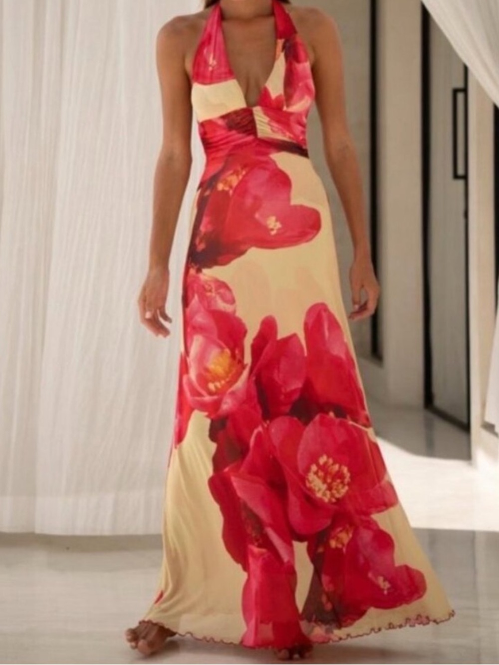 RESA Halter Maxi Dress in Red and Cream Floral